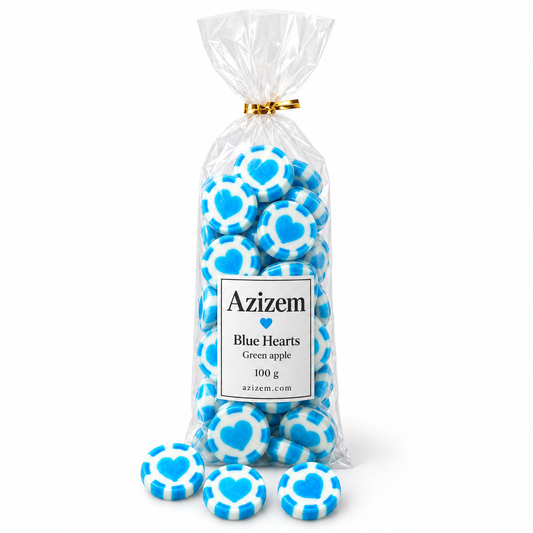 Azizem blue heart sweets with green apple flavour in a plain clear 100 g bag