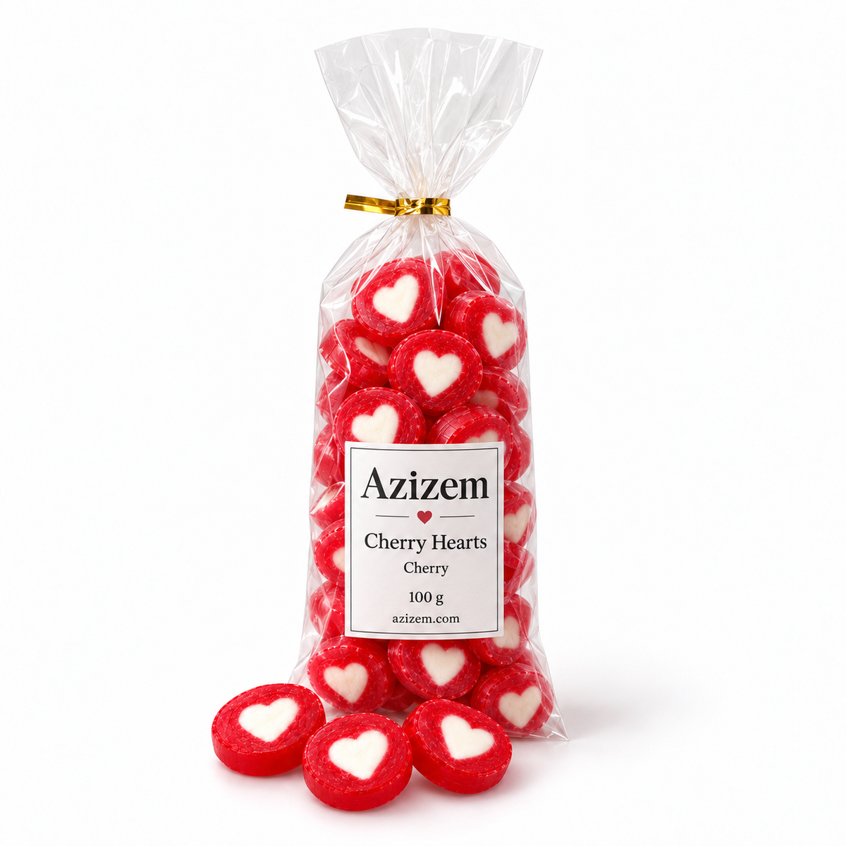 Azizem cherry heart sweets in a plain clear 100 g bag