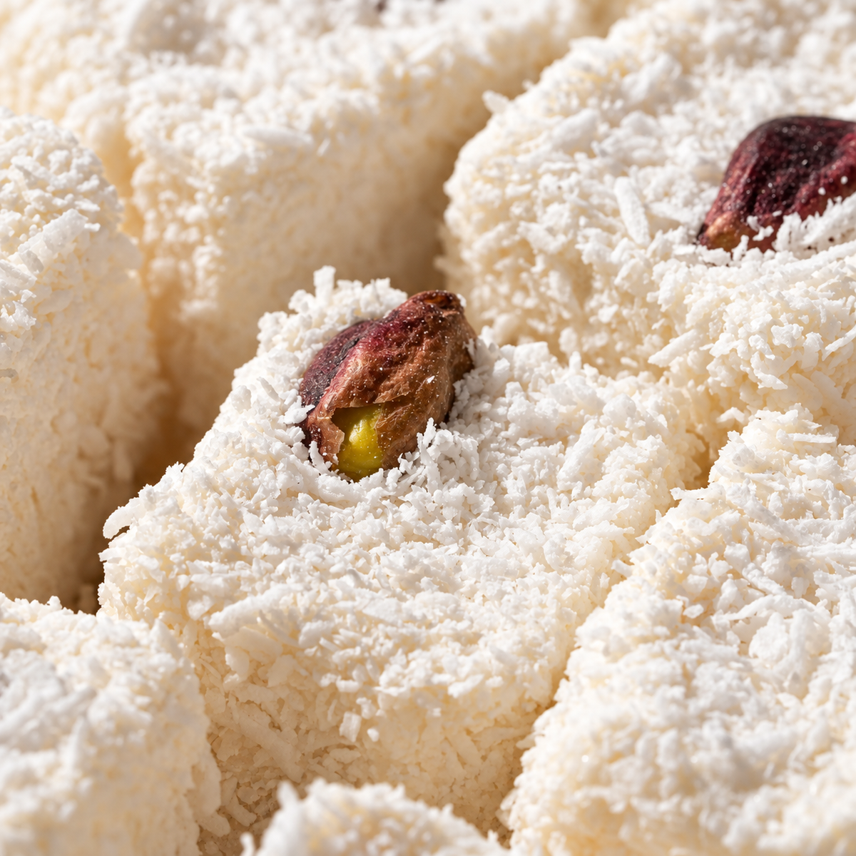 Close detail of a single pistachio on top of a Classic Marshmallow cube coated in coconut.