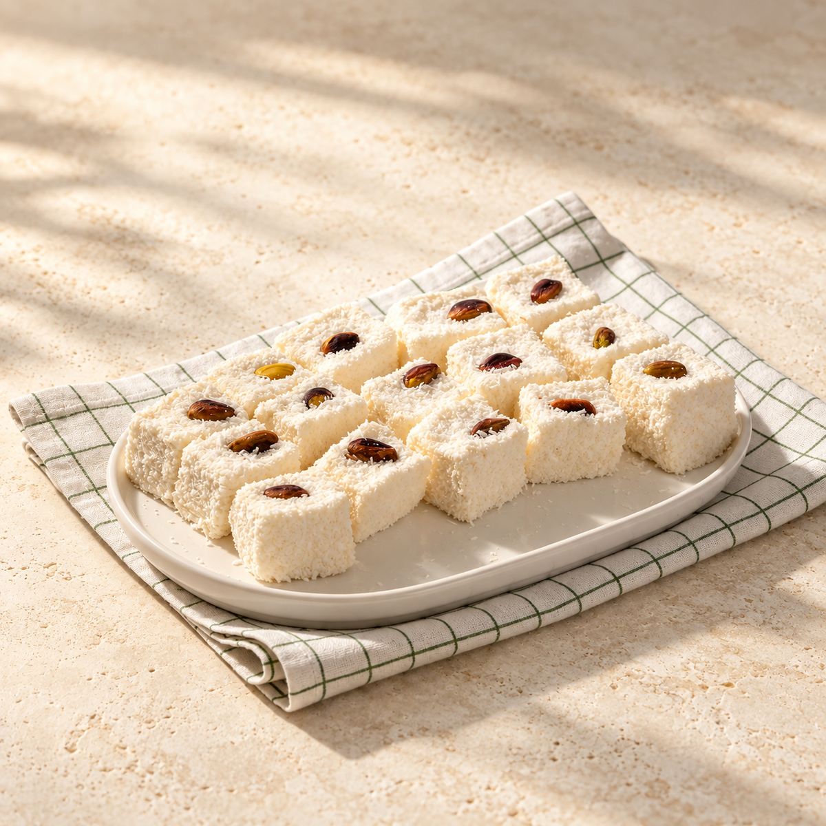 Classic Marshmallow cubes coated in coconut, each topped with a single pistachio, on a white platter.