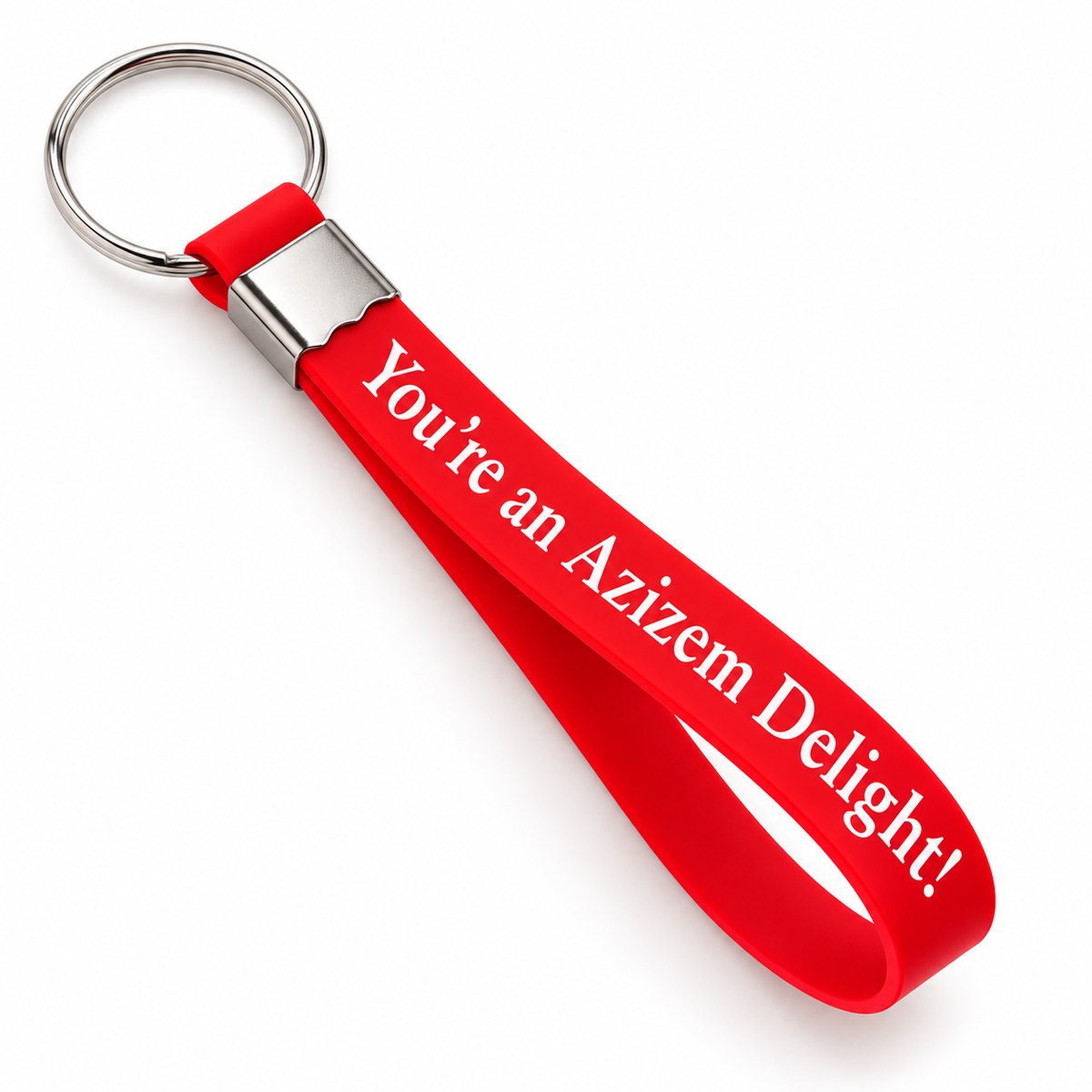 Azizem Delight red silicone keyring with silver metal ring on white background
