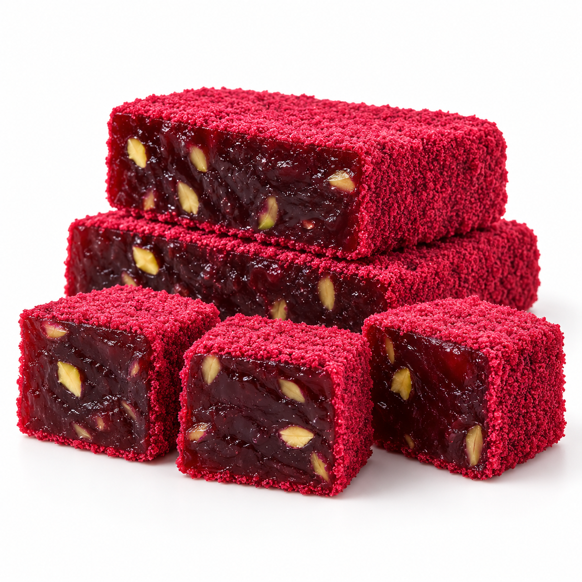 Pomegranate and pistachio lokum coated in red berry cake crumbs