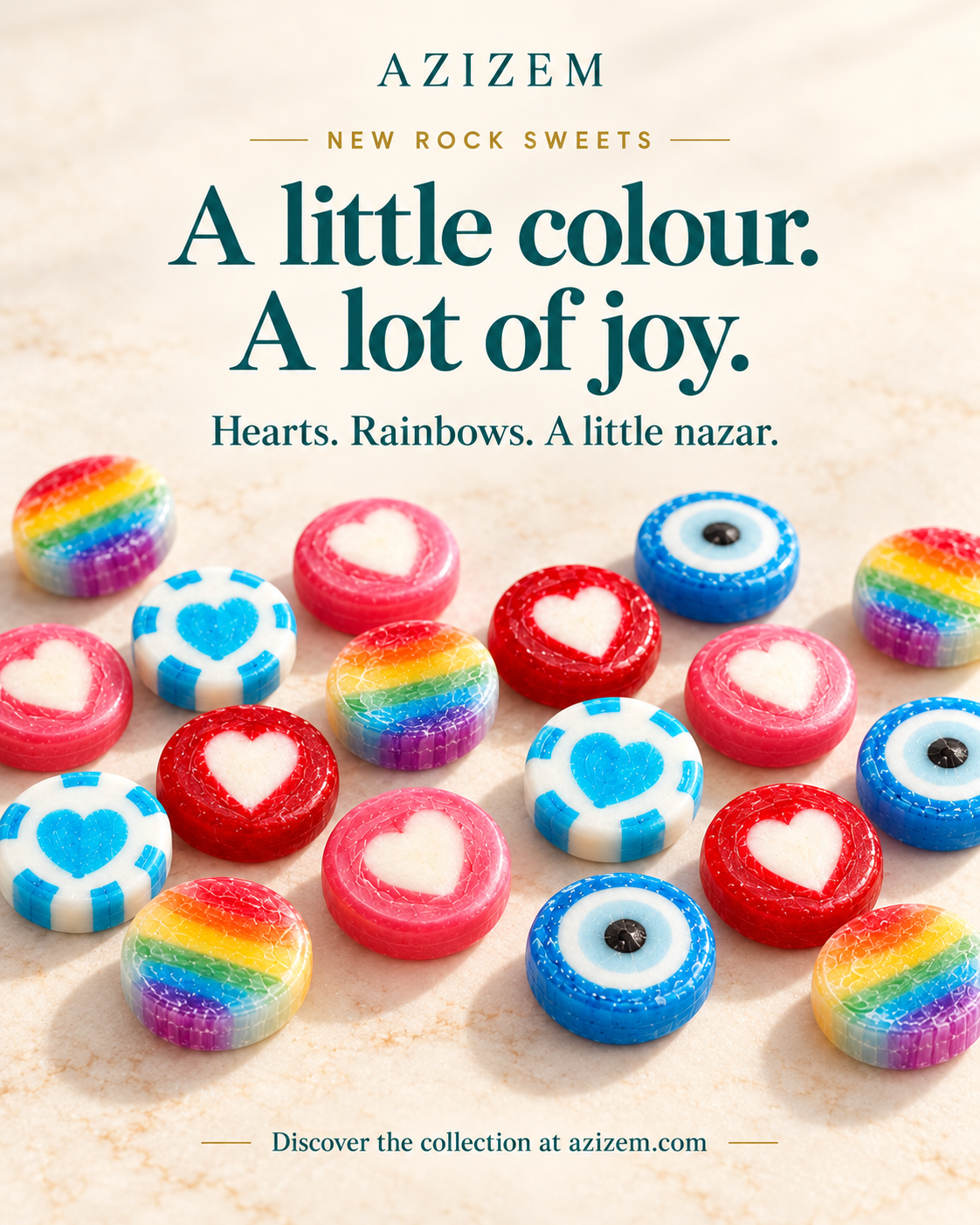 Azizem new rock sweets launch with strawberry, cherry and blue hearts, rainbow and nazar sweets, and the words A little colour. A lot of joy.