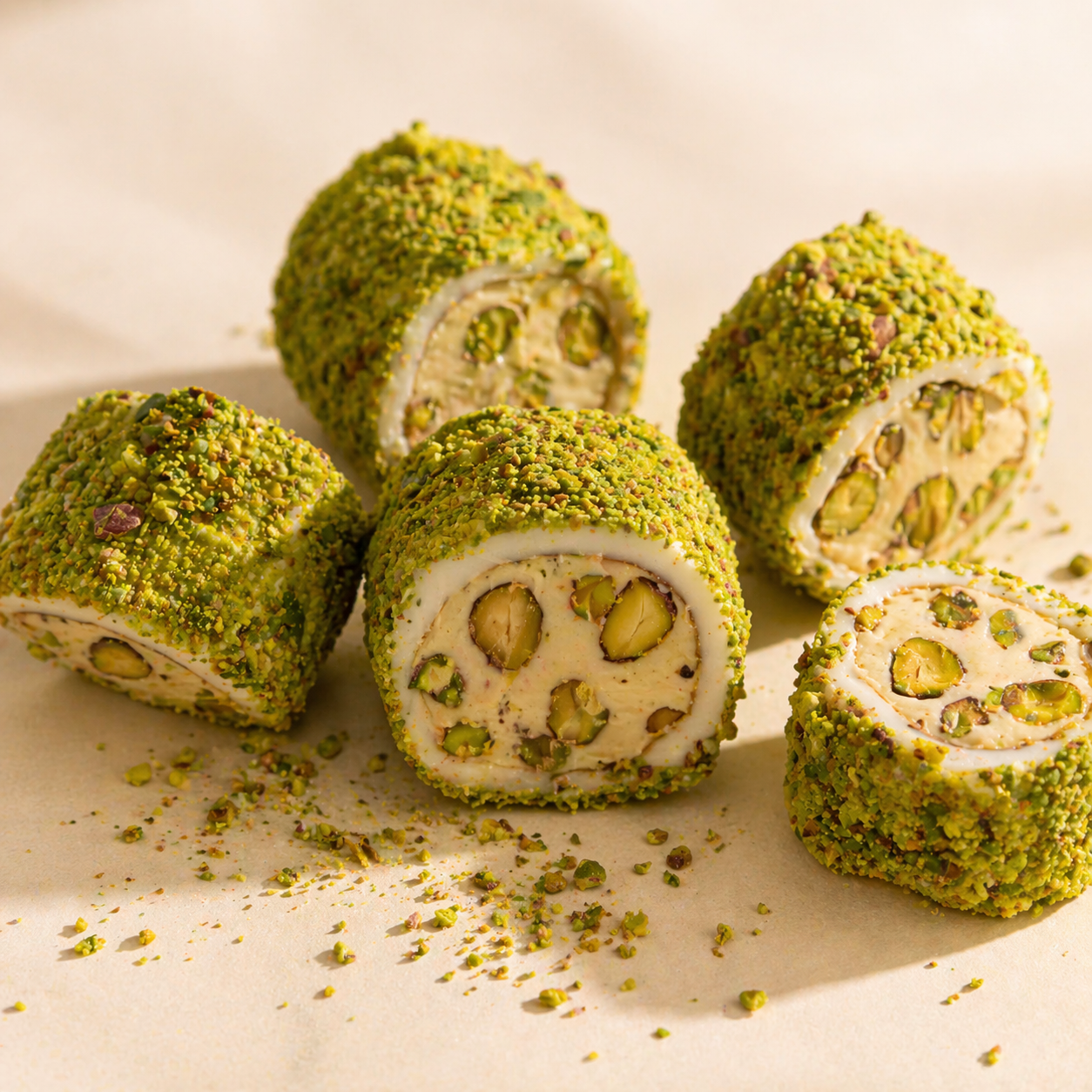 Pistachio rolls with a creamy center on a light background