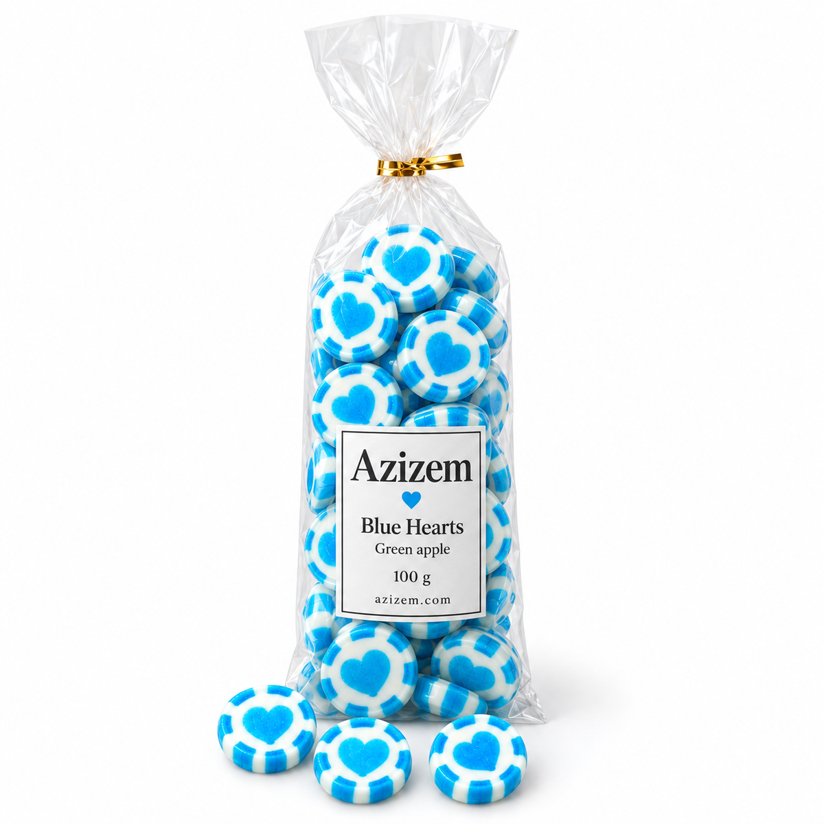 Azizem blue heart sweets with green apple flavour in a plain clear 100 g bag