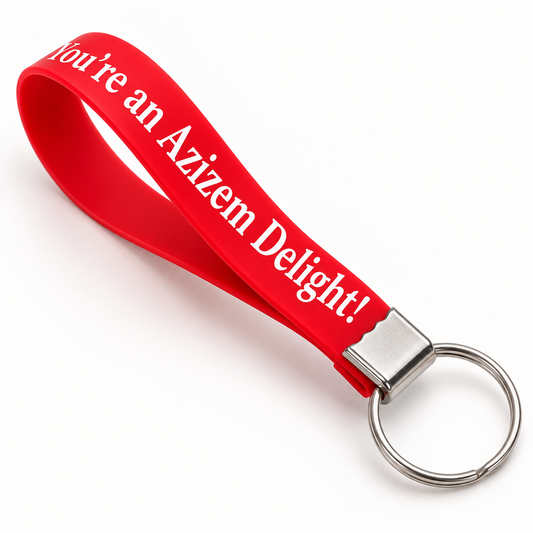 Angled view of Azizem Delight red silicone loop keyring