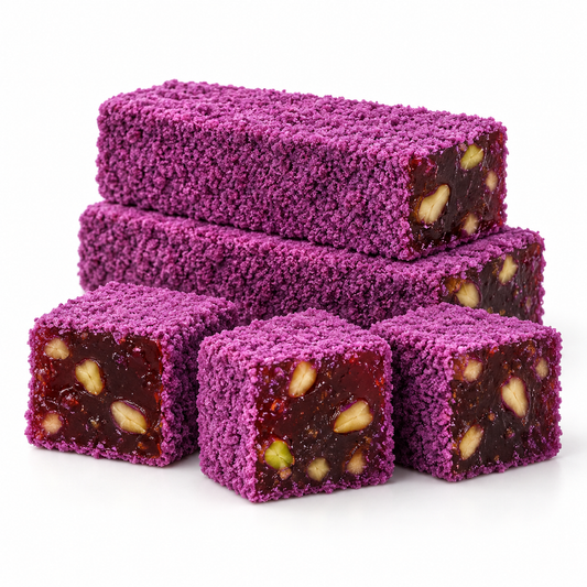Pomegranate and pistachio lokum coated in forest fruit cake crumbs