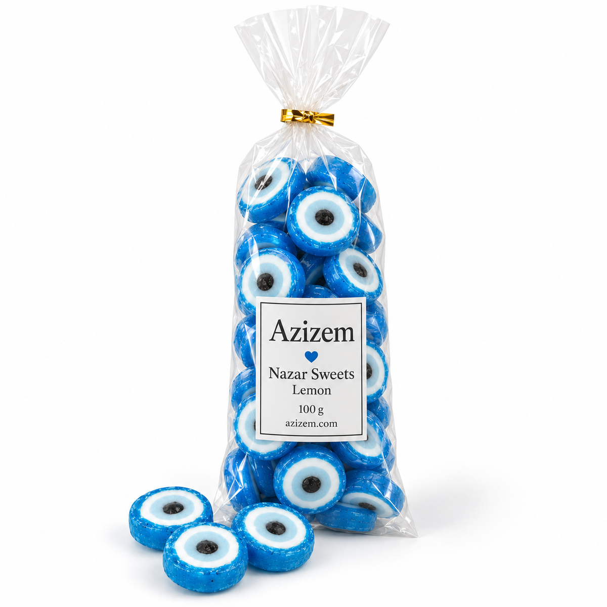 Azizem lemon nazar evil eye sweets in a plain clear 100 g bag