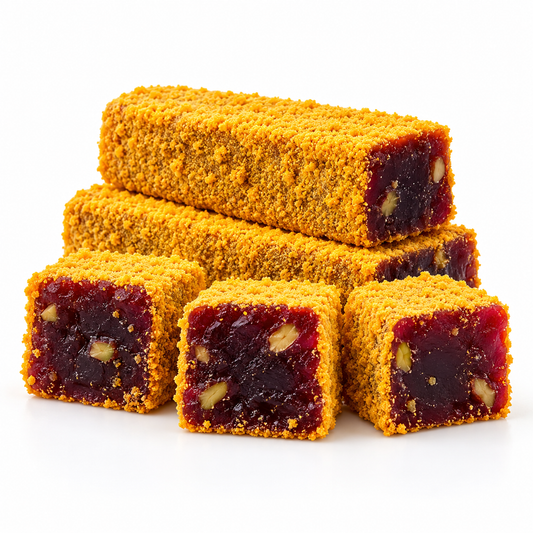 Pomegranate and pistachio lokum coated in orange cake crumbs