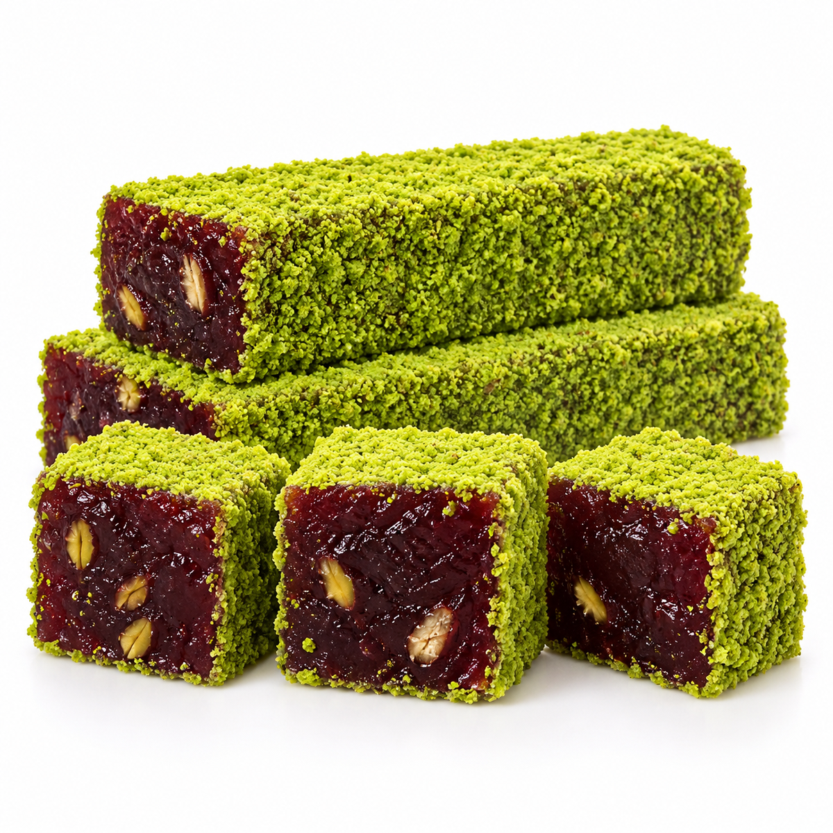 Pomegranate and pistachio lokum coated in pistachio cake crumbs