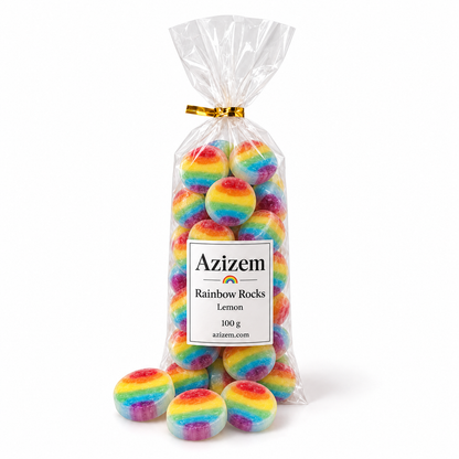 Azizem Rainbow Rocks lemon sweets in a plain clear 100 g bag