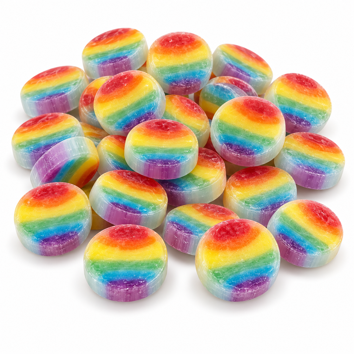 Unwrapped rainbow striped lemon hard sweets