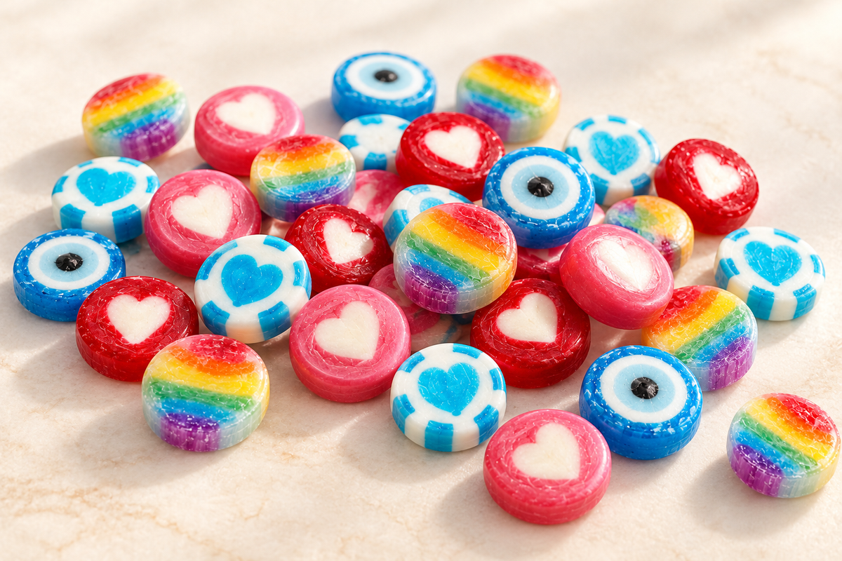Colourful Azizem rock sweets with heart, rainbow and nazar designs