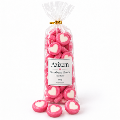 Azizem strawberry heart sweets in a plain clear 100 g bag