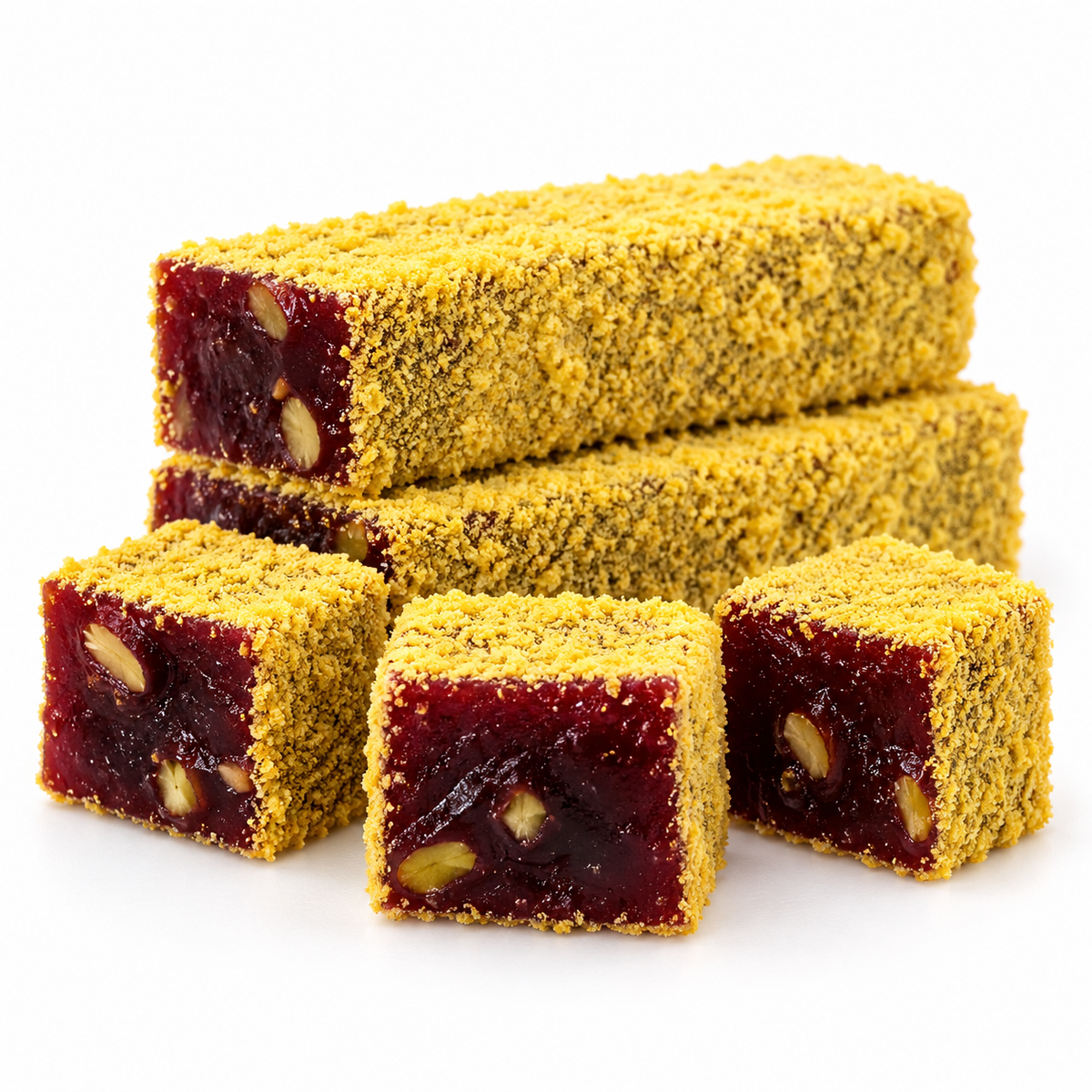 Pomegranate and pistachio lokum coated in vanilla cake crumbs