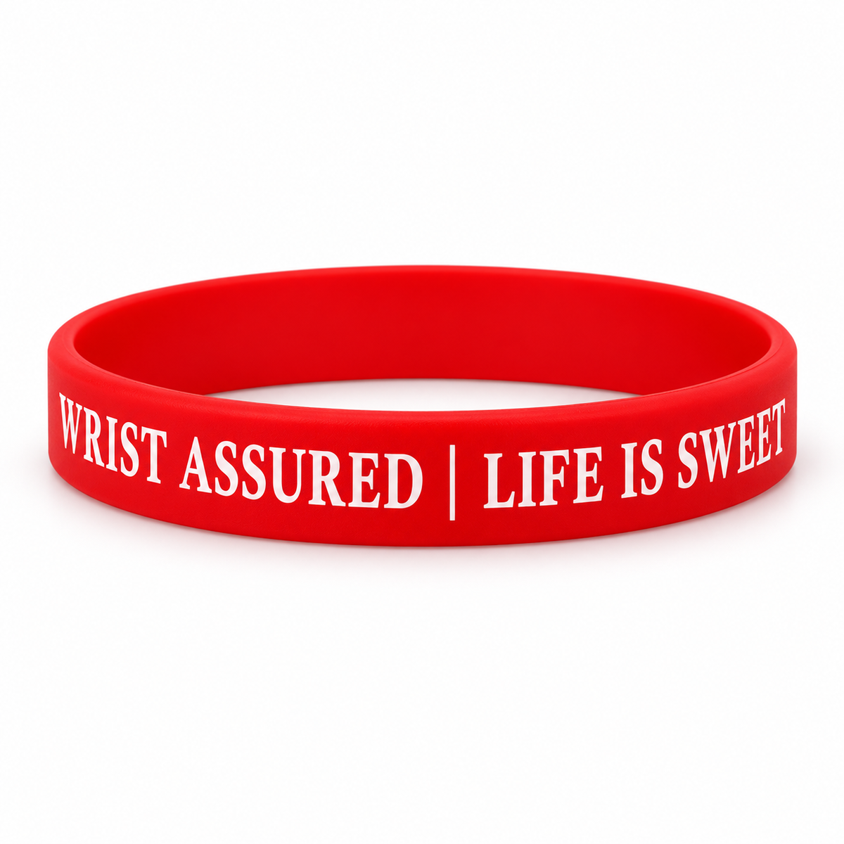Red Wrist Assured silicone bracelet on white background